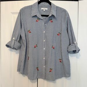 Seersucker Blue and White Embroidered Button Down